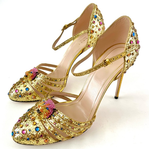 GUCCI || Crystal Tiger Head Gold Stone Embellished Heels Pumps EU 40.5 US 10.5 - Picture 1 of 16